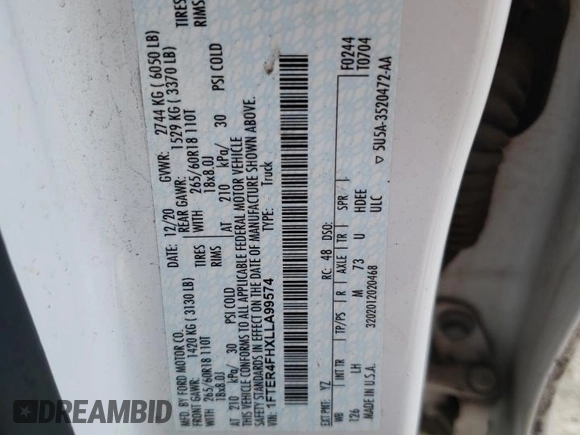 2020 Ford Ranger XL z VIN 1FTER4FHXLLA99574, wystawiony jako Copart lot #48635125 z przebiegiem 71 452 mil mil oraz Szkoda całkowita • Salvage title. Historia ofert i sprzedaży dostępna na DreamBid. Obrazek 12.