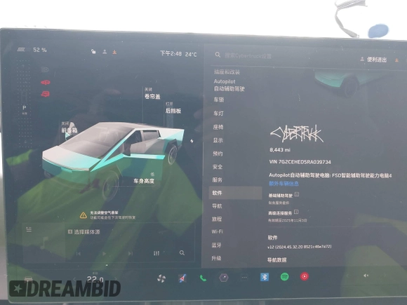 2024 Tesla Cybertruck z VIN 7G2CEHED5RA039734, wystawiony jako IAAI lot #42244205 z przebiegiem 8 443 mil mil oraz . Historia ofert i sprzedaży dostępna na DreamBid. Obrazek 7.
