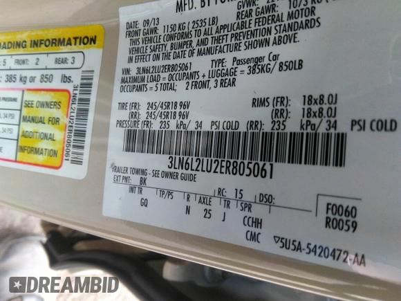 2014 Lincoln MKZ Hybrid with VIN 3LN6L2LU2ER805061, listed as a IAAI auction lot 42022156 with Not provided miles and . Bid and sale history available at DreamBid. Image 9.