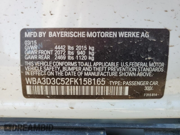 2015 BMW 3 Series 328d with VIN WBA3D3C52FK158165, listed as a Copart auction lot 65239184 with Not provided miles and Salvage title. Bid and sale history available at DreamBid. Image 12.