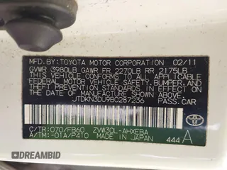 2011 Toyota Prius I with VIN JTDKN3DU9B0287236, listed as a IAAI auction lot 41607824 with 211,584 mi miles and . Bid and sale history available at DreamBid. Image 9.