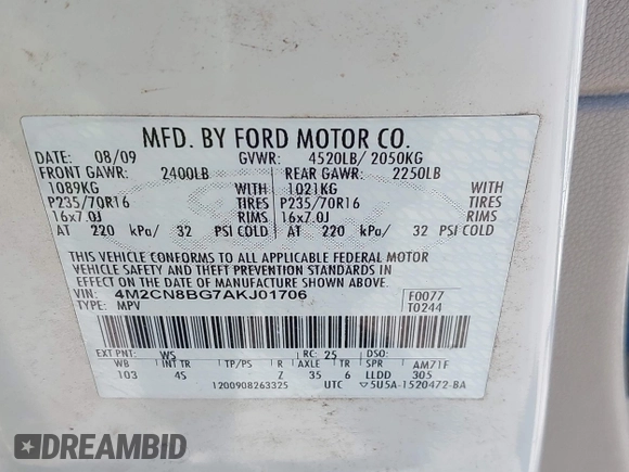 2010 Mercury Mariner с VIN 4M2CN8BG7AKJ01706, выставлен на аукционе IAAI как лот 41701667 с пробегом 96 189 миль миль и . История ставок и продаж доступна на DreamBid. Изображение 9.