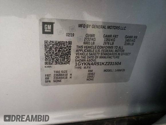 2019 Cadillac XT5 FWD with VIN 1GYKNARS1KZ231504, listed as a Copart auction lot 51952355 with 54,243 mi miles and Salvage title. Bid and sale history available at DreamBid. Image 15.