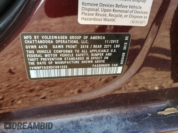 2013 Volkswagen Passat SE w/Sunroof with VIN 1VWBP7A33DC061222, listed as a Copart auction lot 45636395 with 127,218 mi miles and Salvage Title. Bid and sale history available at carsss.com. Image 12.