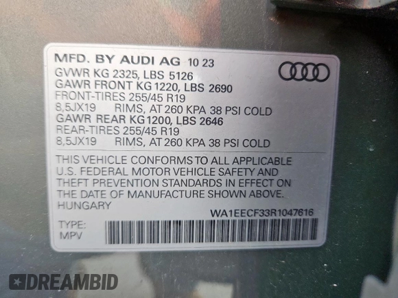 2024 Audi Q3 S line Premium Plus with VIN WA1EECF33R1047616, listed as a Copart auction lot 60154045 with 12,626 mi miles and Salvage title. Bid and sale history available at DreamBid. Image 14.