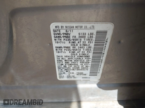2011 Nissan Murano LE with VIN JN8AZ1MU1BW069278, listed as a IAAI auction lot 41988910 with 129,425 mi miles and . Bid and sale history available at DreamBid. Image 9.