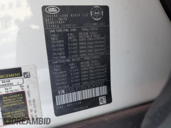 2019 Land Rover Discovery HSE Luxury with VIN SALRT2RV3K2413782, listed as a Copart auction lot 40630204 with 74,245 mi miles. Bid and sale history available at carsss.com. Image 12.