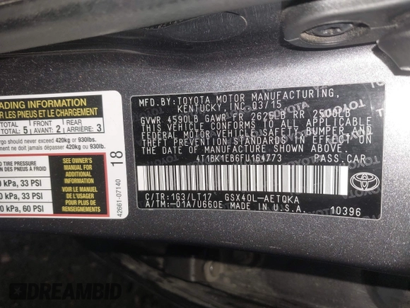 2015 Toyota Avalon Limited with VIN 4T1BK1EB6FU164773, listed as a IAAI auction lot 41877742 with 128,858 mi miles and . Bid and sale history available at DreamBid. Image 9.