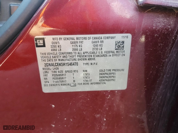 2017 Chevrolet Equinox LT with VIN 2GNALCEK5H1546470, listed as a Copart auction lot 51205705 with 140,511 mi miles and Clean Title. Bid and sale history available at carsss.com. Image 13.