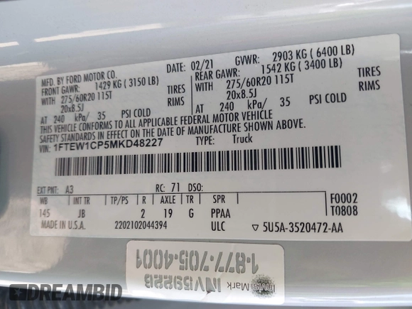 2021 Ford F-150 XL with VIN 1FTEW1CP5MKD48227, listed as a IAAI auction lot 42272809 with 87,614 mi miles and . Bid and sale history available at DreamBid. Image 9.