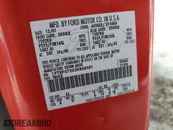2002 Ford F-150 XL z VIN 1FTRF07202KB68581, wystawiony jako Copart lot #60276095 z przebiegiem 164 754 mil mil oraz Szkoda całkowita • Salvage title. Historia ofert i sprzedaży dostępna na DreamBid. Obrazek 12.