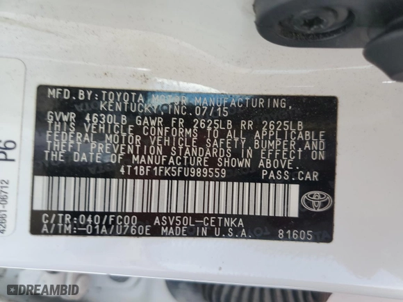 2015 Toyota Camry XLE with VIN 4T1BF1FK5FU989559, listed as a Copart auction lot 50803795 with 211,797 mi miles and Salvage Title. Bid and sale history available at carsss.com. Image 12.