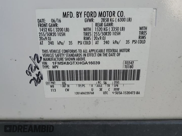 2017 Ford Explorer Sport with VIN 1FM5K8GTXHGA16039, listed as a Copart auction lot 49606295 with 89,697 mi miles and Salvage title. Bid and sale history available at DreamBid. Image 16.