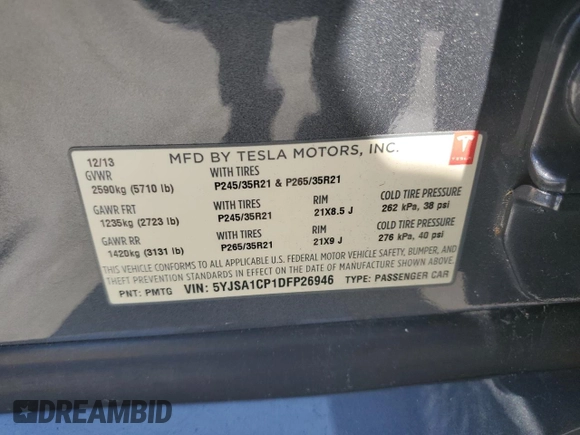 2013 Tesla Model S Performance с VIN 5YJSA1CP1DFP26946, выставлен на аукционе Copart как лот 50133094 с пробегом 80 045 миль миль и Списание • Salvage title. История ставок и продаж доступна на DreamBid. Изображение 13.