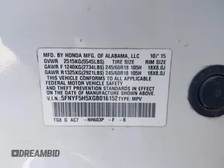 2016 Honda Pilot EX-L with VIN 5FNYF5H5XGB016152, listed as a IAAI auction lot 41820023 with 210,474 mi miles and . Bid and sale history available at DreamBid. Image 9.