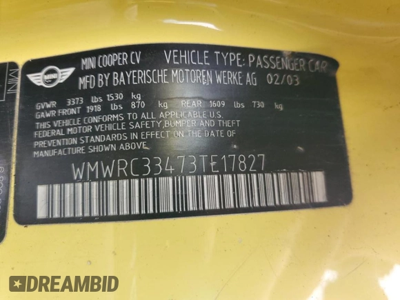 2003 MINI Hardtop z VIN WMWRC33473TE17827, wystawiony jako Copart lot #44011515 z przebiegiem 119 042 mil mil oraz Szkoda całkowita • Salvage title. Historia ofert i sprzedaży dostępna na DreamBid. Obrazek 12.