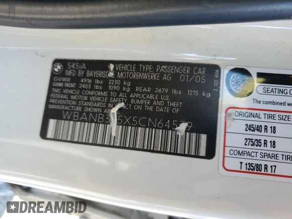 2005 BMW 5 Series 545i with VIN WBANB335X5CN64539, listed as a Copart auction lot 44254165 with 105,852 mi miles and Salvage Title. Bid and sale history available at carsss.com. Image 12.