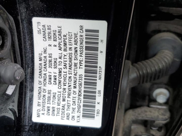 2019 Honda Civic Sport with VIN 2HGFC2F80KH567335, listed as a Copart auction lot 52852995 with 58,253 mi miles and Salvage Title. Bid and sale history available at DreamBid. Image 14.