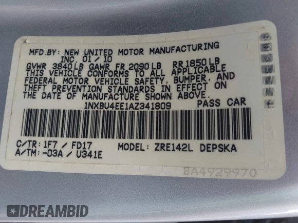 2010 Toyota Corolla with VIN 1NXBU4EE1AZ341809, listed as a IAAI auction lot 42482159 with 193,706 mi miles and . Bid and sale history available at DreamBid. Image 9.