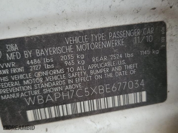 2011 BMW 3 Series 328i with VIN WBAPH7C5XBE677034, listed as a Copart auction lot 47585685 with 0 mi miles and Salvage Title. Bid and sale history available at carsss.com. Image 12.