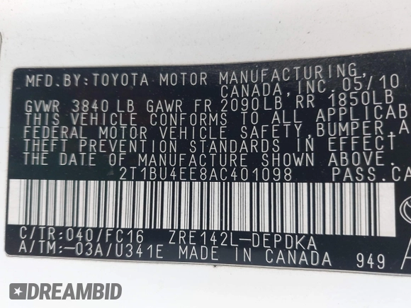 2010 Toyota Corolla with VIN 2T1BU4EE8AC401098, listed as a IAAI auction lot 42357249 with 199,282 mi miles and . Bid and sale history available at DreamBid. Image 9.