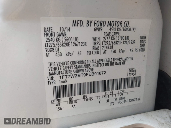 2015 Ford F-250 Lariat with VIN 1FT7W2BT9FEB91672, listed as a IAAI auction lot 42205780 with 159,822 mi miles and . Bid and sale history available at DreamBid. Image 9.