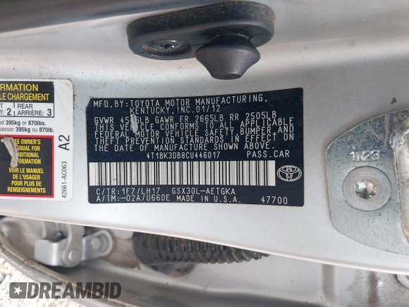 2012 Toyota Avalon with VIN 4T1BK3DB8CU446017, listed as a IAAI auction lot 42096516 with 134,540 mi miles and . Bid and sale history available at DreamBid. Image 9.