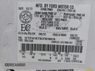 2012 Ford F-150 XL with VIN 1FTFW1ET5CFB18919, listed as a IAAI auction lot 42592380 with 204,469 mi miles and . Bid and sale history available at DreamBid. Image 9.