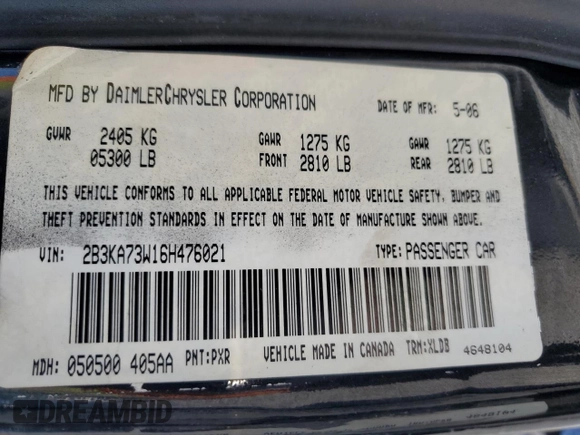 2006 Dodge Charger SRT-8 with VIN 2B3KA73W16H476021, listed as a Copart auction lot 49822835 with 197,111 mi miles and Salvage Title. Bid and sale history available at DreamBid. Image 12.