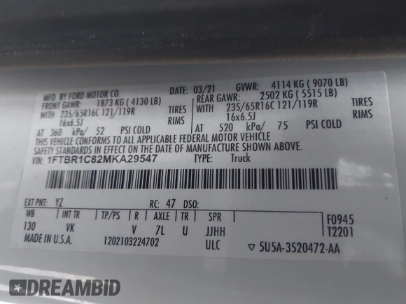 2021 Ford Transit Cargo with VIN 1FTBR1C82MKA29547, listed as a IAAI auction lot 41690266 with 90,380 mi miles and . Bid and sale history available at DreamBid. Image 9.