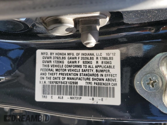 2012 Honda Civic EX with VIN 19XFB2F84CE102698, listed as a Copart auction lot 61742724 with 162,159 mi miles and Salvage Title. Bid and sale history available at DreamBid. Image 12.