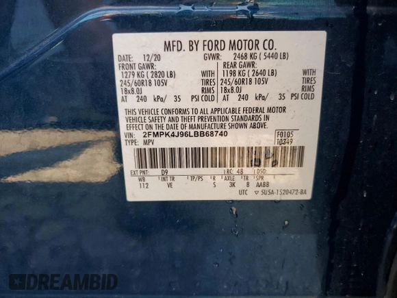 2020 Ford Edge SEL с VIN 2FMPK4J96LBB68740, выставлен на аукционе Copart как лот 61441985 с пробегом 109 389 миль миль и Чистый • Clean title. История ставок и продаж доступна на DreamBid. Изображение 13.