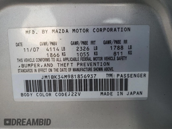 2008 Mazda 3 Mazdaspeed3 GT z VIN JM1BK34M981856937, wystawiony jako Copart lot #43477045 z przebiegiem Nie podano mil oraz Szkoda całkowita • Salvage title. Historia ofert i sprzedaży dostępna na DreamBid. Obrazek 14.