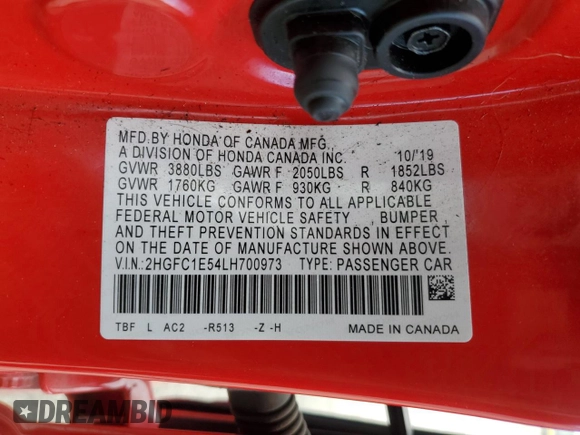 2020 Honda Civic Si z VIN 2HGFC1E54LH700973, wystawiony jako Copart lot #48518285 z przebiegiem 61 421 mil mil oraz Szkoda całkowita • Salvage title. Historia ofert i sprzedaży dostępna na DreamBid. Obrazek 13.