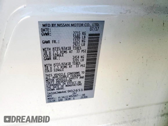 2017 Nissan Pathfinder Platinum with VIN 5N1DR2MN4HC902651, listed as a Copart auction lot 62229865 with 129,841 mi miles and Salvage title. Bid and sale history available at DreamBid. Image 13.