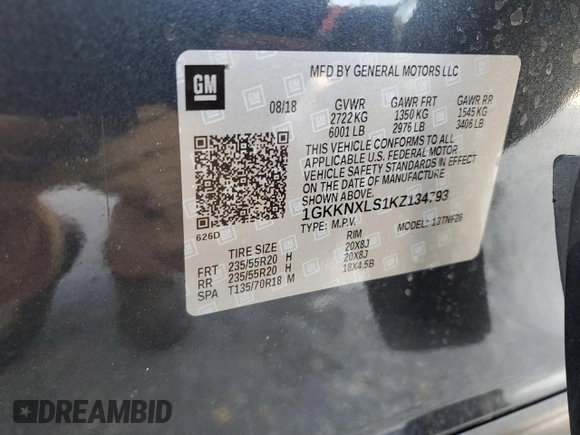 2019 GMC Acadia Denali with VIN 1GKKNXLS1KZ134793, listed as a Copart auction lot 59439115 with 58,427 mi miles and Salvage title. Bid and sale history available at DreamBid. Image 12.