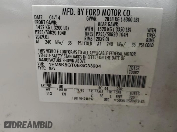 2014 Ford Explorer Sport with VIN 1FM5K8GT0EGC33904, listed as a Copart auction lot 63208875 with 155,002 mi miles and Clean title. Bid and sale history available at DreamBid. Image 14.