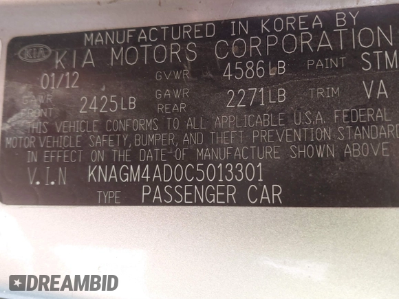2012 Kia Optima Hybrid with VIN KNAGM4AD0C5013301, listed as a IAAI auction lot 41671259 with 270,757 mi miles. Bid and sale history available at carsss.com. Image 9.