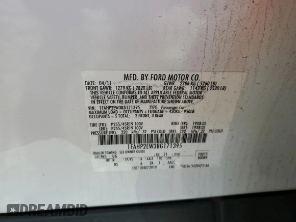 2011 Ford Taurus SEL with VIN 1FAHP2EW3BG171395, listed as a Copart auction lot 49114315 with 209,748 mi miles and Salvage Title. Bid and sale history available at carsss.com. Image 14.