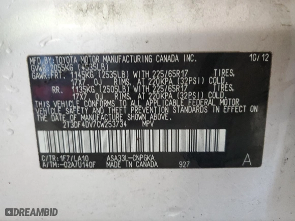 2012 Toyota RAV4 Limited with VIN 2T3DF4DV7CW253734, listed as a Copart auction lot 49706895 with 126,258 mi miles and Clean Title. Bid and sale history available at carsss.com. Image 13.