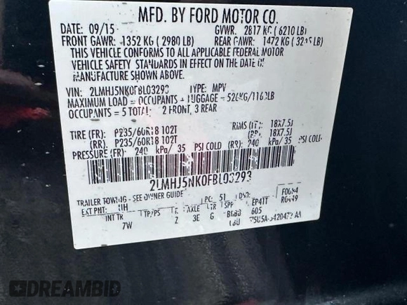 2015 Lincoln MKT with VIN 2LMHJ5NK0FBL03293, listed as a Copart auction lot 77810284 with 115,725 mi miles and Clean Title. Bid and sale history available at DreamBid. Image 10.