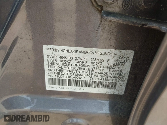 2020 Acura ILX Premium with VIN 19UDE2F81LA006207, listed as a IAAI auction lot 42420093 with 61,127 mi miles and . Bid and sale history available at DreamBid. Image 9.