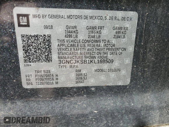 2019 Chevrolet Trax LS with VIN 3GNCJKSB1KL169509, listed as a Copart auction lot 52601765 with 99,114 mi miles and Salvage Title. Bid and sale history available at carsss.com. Image 14.