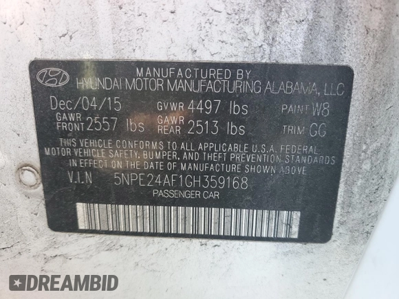 2016 Hyundai Sonata SE with VIN 5NPE24AF1GH359168, listed as a Copart auction lot 54137245 with Not Provided miles and Salvage Title. Bid and sale history available at carsss.com. Image 12.