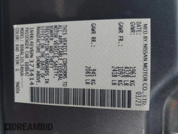 2023 Nissan Altima SL with VIN 1N4BL4EV6PN373414, listed as a IAAI auction lot 38292437 with 29,418 mi miles and . Bid and sale history available at DreamBid. Image 9.