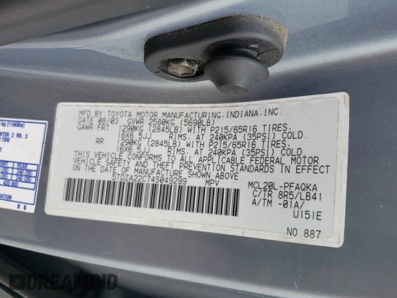 2004 Toyota Sienna XLE z VIN 5TDZA22C74S049299, wystawiony jako Copart lot #55959205 z przebiegiem 237 599 mil mil oraz Szkoda całkowita • Salvage title. Historia ofert i sprzedaży dostępna na DreamBid. Obrazek 13.