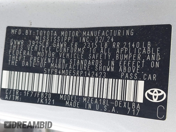 2024 Toyota Corolla LE with VIN 5YFB4MDE5RP142423, listed as a IAAI auction lot 42720521 with 25,169 mi miles and . Bid and sale history available at DreamBid. Image 9.