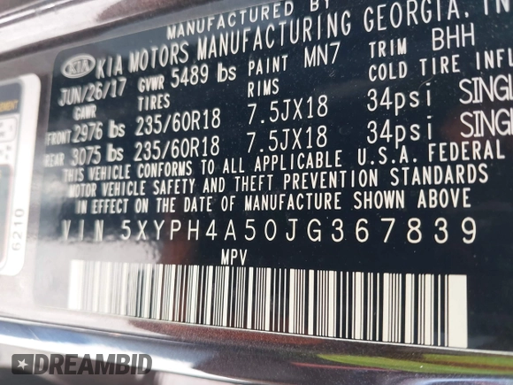 2018 Kia Sorento EX with VIN 5XYPH4A50JG367839, listed as a IAAI auction lot 38003838 with 68,127 mi miles and . Bid and sale history available at DreamBid. Image 9.