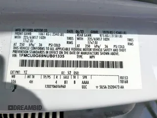 2022 Ford Escape SE with VIN 1FMCU0G69NUB01335, listed as a Copart auction lot 59673635 with 127,878 mi miles and Salvage title. Bid and sale history available at DreamBid. Image 13.
