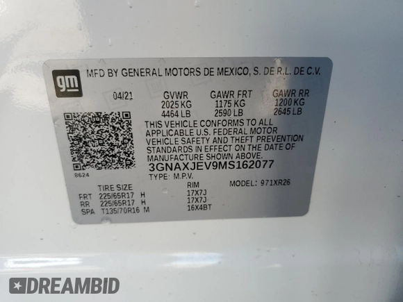 2021 Chevrolet Equinox LT with VIN 3GNAXJEV9MS162077, listed as a Copart auction lot 54849225 with 43,870 mi miles and Salvage title. Bid and sale history available at DreamBid. Image 12.